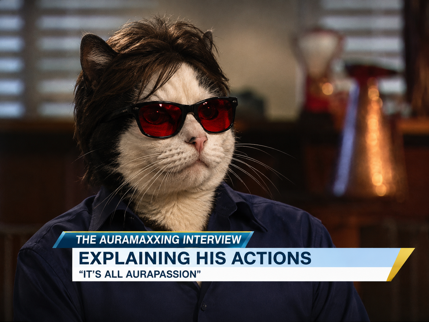 The Aura Cat in a TV interview, chyron reading THE AURAMAXXING INTERVIEW / EXPLAINING HIS ACTIONS / "IT'S ALL AURAPASSION"