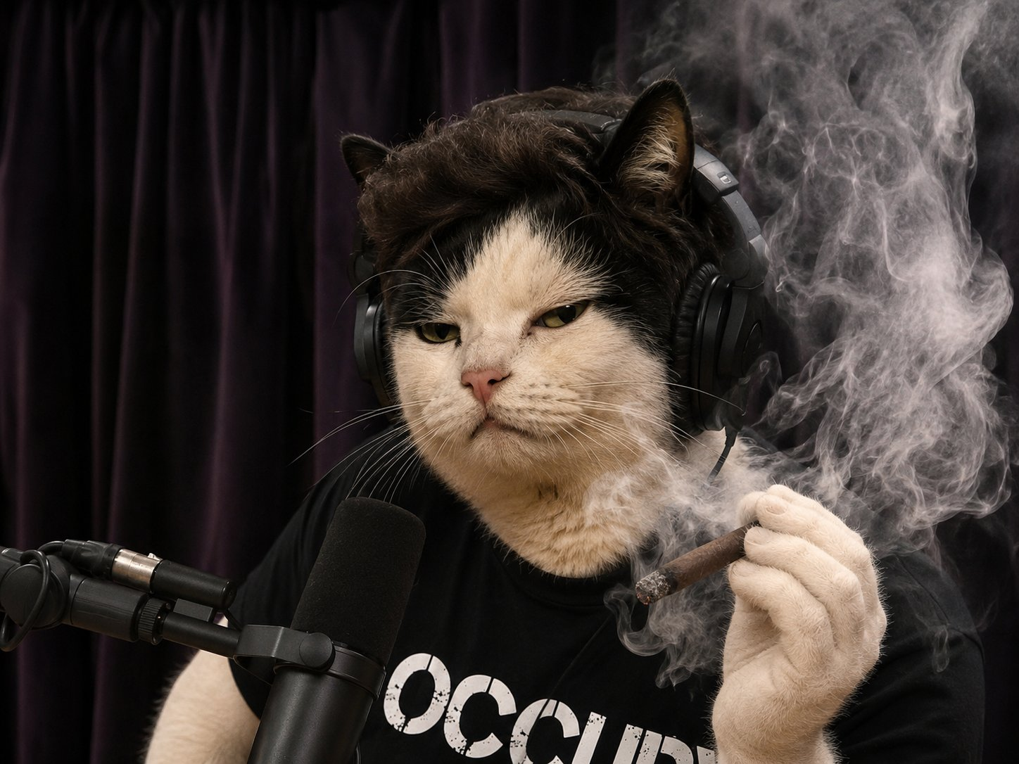 The Aura Cat on a podcast in headphones and an OCCUPY shirt, exhaling smoke into a studio microphone