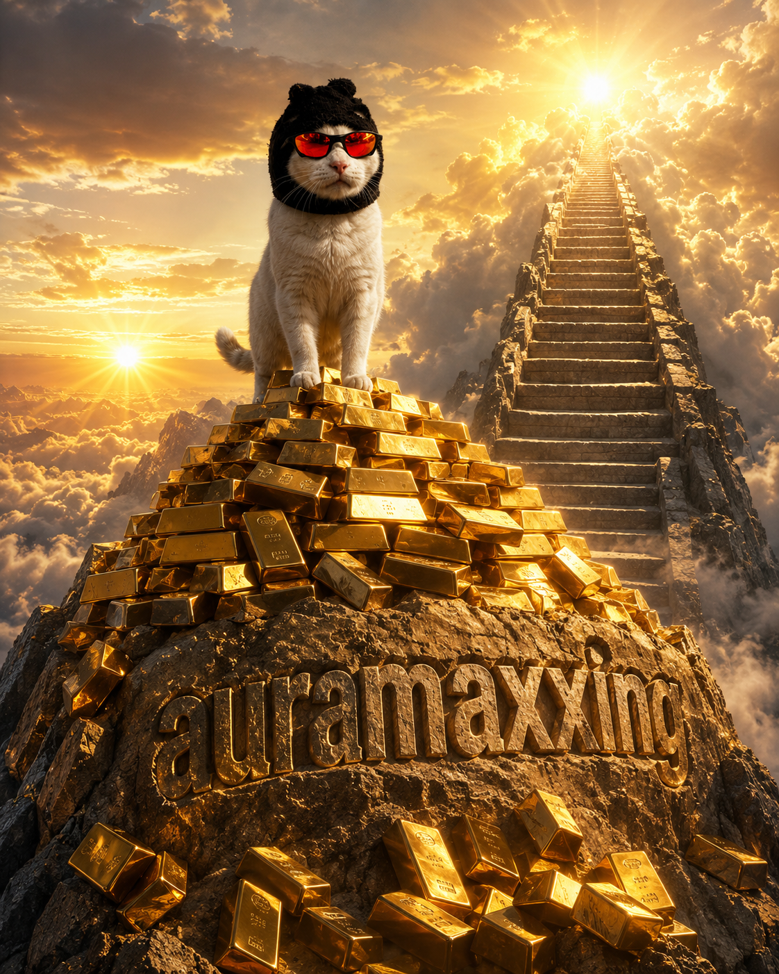 The Aura Cat atop a mountain of gold bars with "auramaxxing" carved into the rock and a stairway ascending into golden clouds