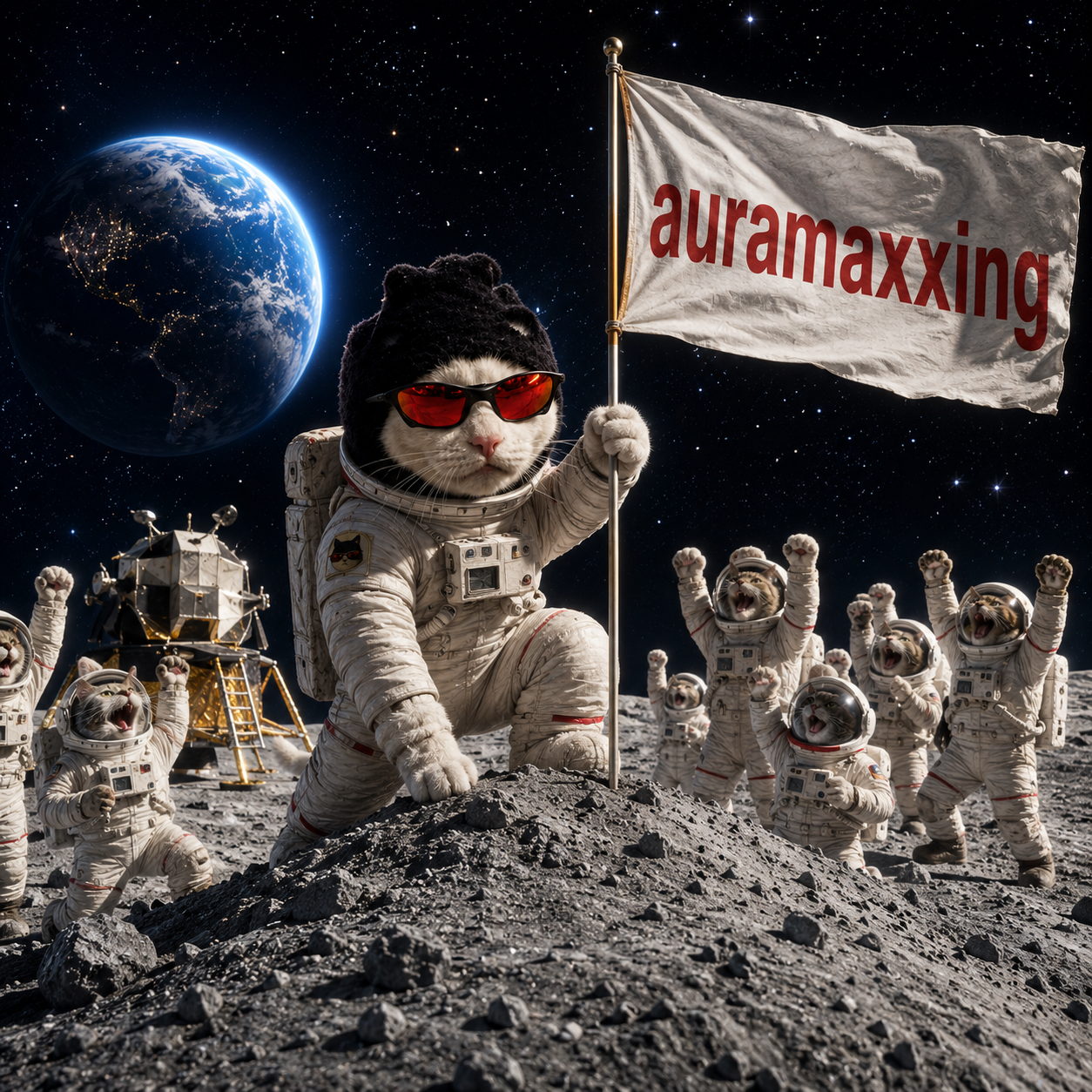 The Aura Cat as an astronaut planting an "auramaxxing" flag on the Moon as fellow cat astronauts cheer