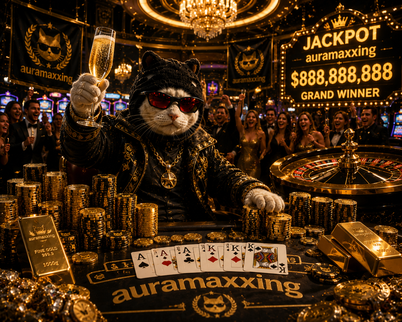 The Aura Cat in a casino raising champagne before a JACKPOT auramaxxing $888,888,888 sign, with gold chips and a winning poker hand