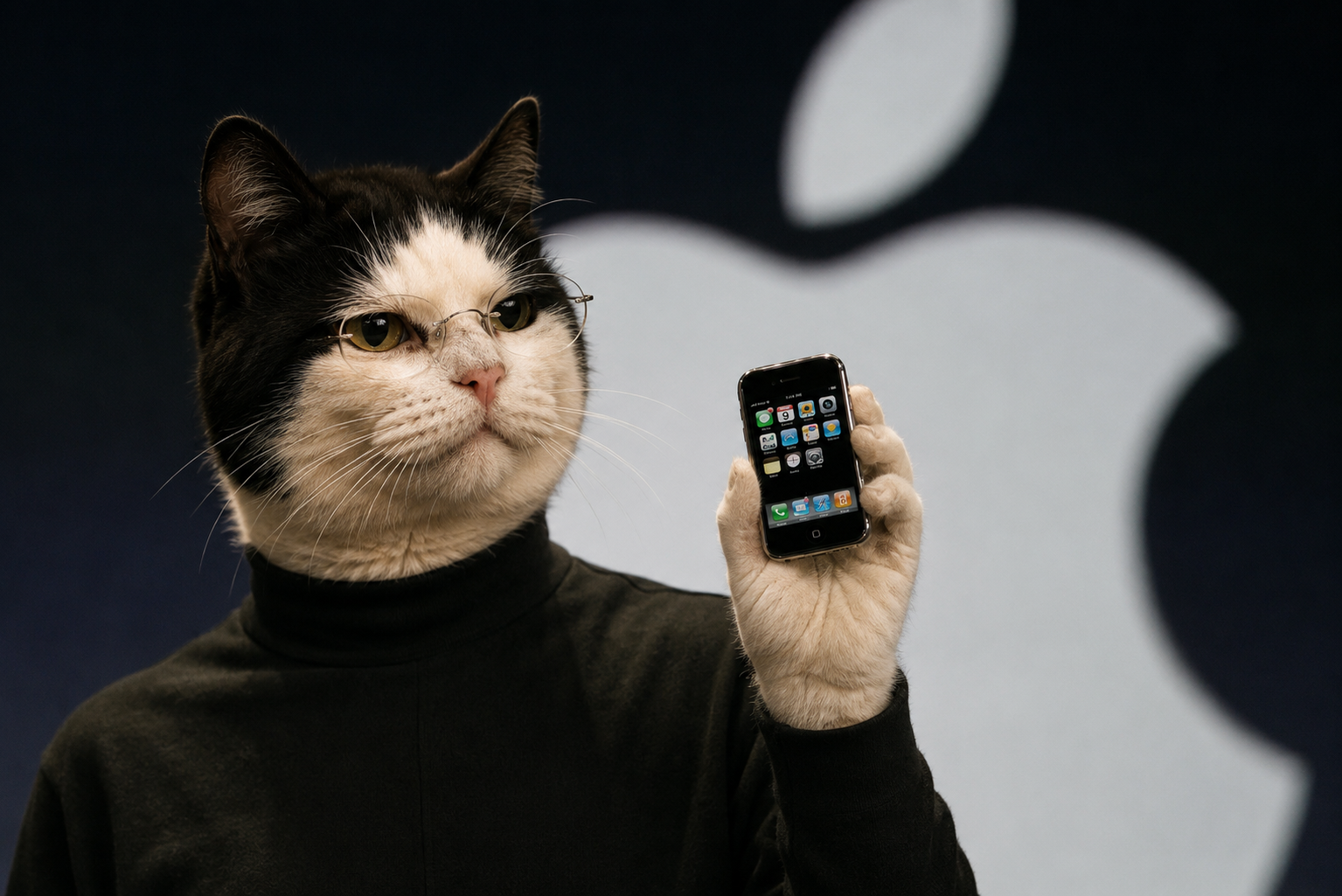 The Aura Cat as Steve Jobs unveiling a first-generation iPhone before a glowing Apple logo