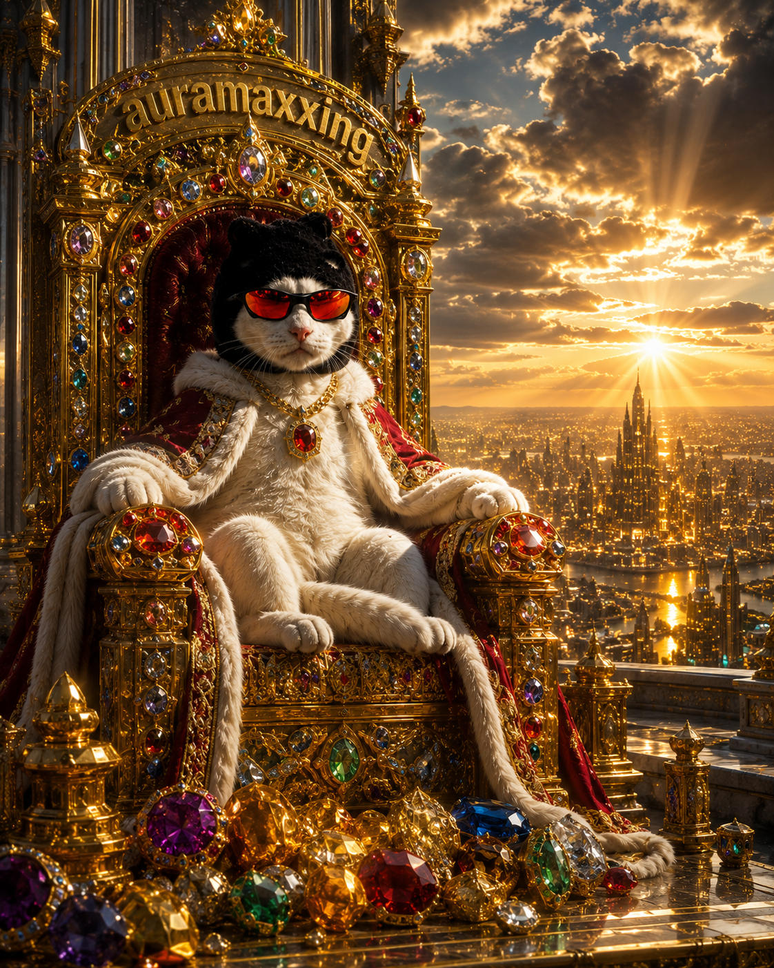 The Aura Cat enthroned on a jeweled golden throne in a red robe, "auramaxxing" engraved above, a city skyline at sunset behind