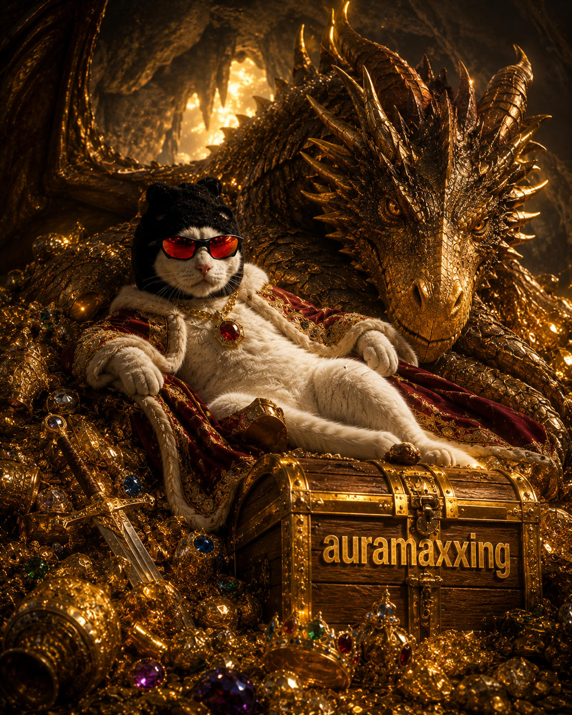The Aura Cat reclining on a hoard of gold beside a giant golden dragon, with an "auramaxxing" treasure chest