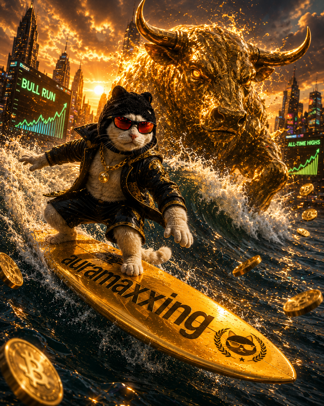 The Aura Cat surfing a golden wave on an "auramaxxing" board with a giant golden bull and BULL RUN / ALL-TIME HIGHS charts behind